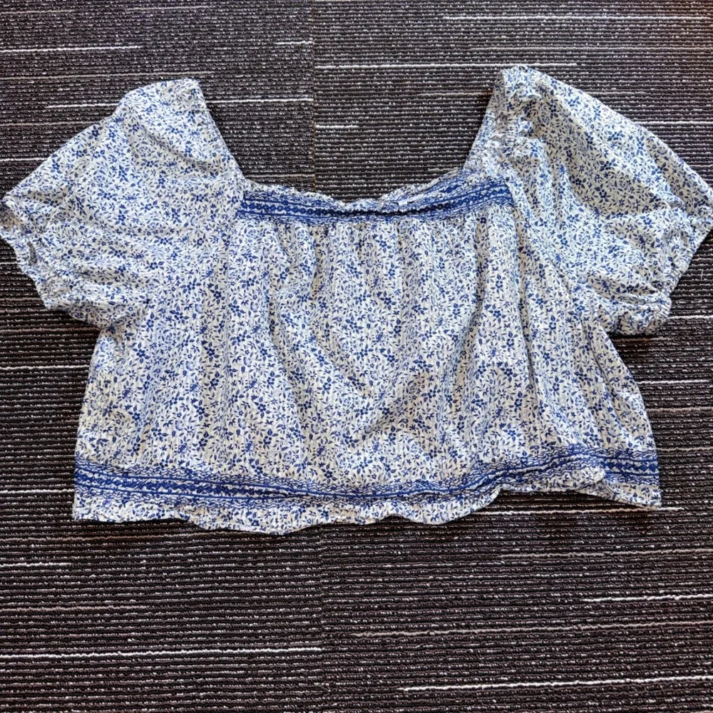 Madewell Blouse Women 4X Excellent BlueWhite Floral Smocked Embroider Cotton Top